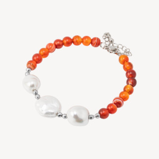 Bracciale con Pietre Dure e Tre Perle di Maiorca 18,5cm + 5cm con Ematite Argentata e Agata Rossa