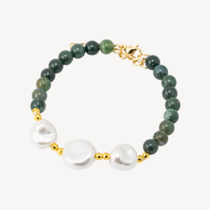 Bracciale con Pietre Dure e Tre Perle di Maiorca 18,5cm + 5cm con Ematite Dorata e Agata Botswana