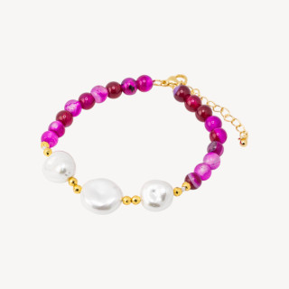 Bracciale con Pietre Dure e Tre Perle di Maiorca 18,5cm + 5cm con Ematite Dorata e Agata Fucsia