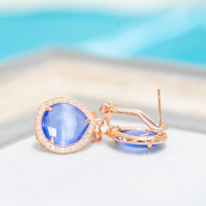 Brass Closed Stud Earring Base with Zirconia Drop Crystals 5 Pairs Rose Gold Blue