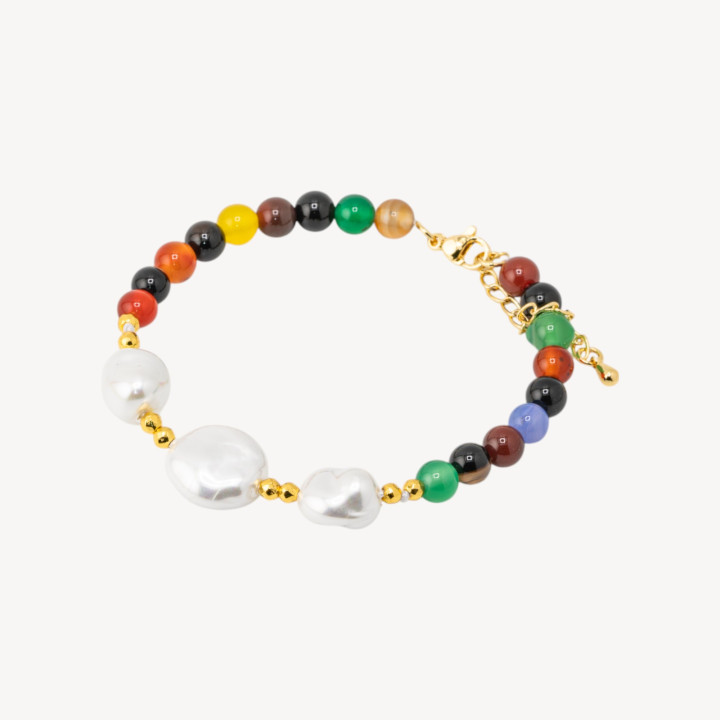 Bracciale con Pietre Dure e Tre Perle di Maiorca 18,5cm + 5cm con Ematite Dorata e Agata Tormalina