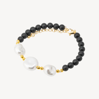 Bracciale con Pietre Dure e Tre Perle di Maiorca 18,5cm + 5cm con Ematite Dorata e Onice Nero
