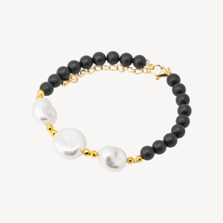 Bracciale con Pietre Dure e Tre Perle di Maiorca 18,5cm + 5cm con Ematite Dorata e Onice Nero