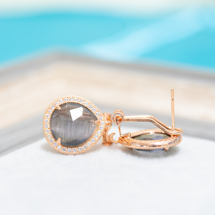 Brass Closed Stud Earring Base with Zirconia Drop Crystals 5 Pairs Rose Gold Gray