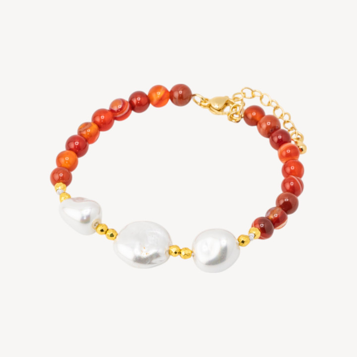 Bracciale con Pietre Dure e Tre Perle di Maiorca 18,5cm + 5cm con Ematite Dorata e Agata