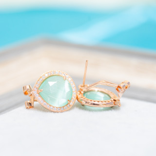 Brass Closed Stud Earring Base with Zirconia Drop Crystals 5 Pairs Rose Gold Aqua Green