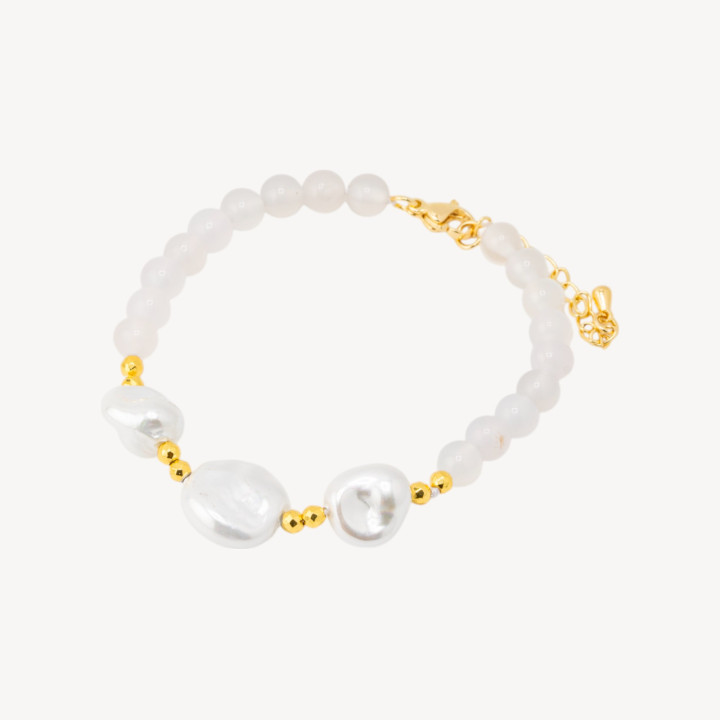 Bracciale con Pietre Dure e Tre Perle di Maiorca 18,5cm + 5cm con Ematite Dorata e Agata