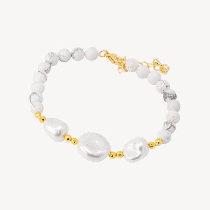 Bracciale con Pietre Dure e Tre Perle di Maiorca 18,5cm + 5cm con Ematite Dorata e Agata