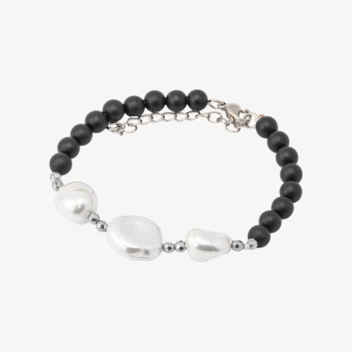 Bracciale con Pietre Dure e Tre Perle di Maiorca 18,5cm + 5cm con Ematite Argentata e Agata
