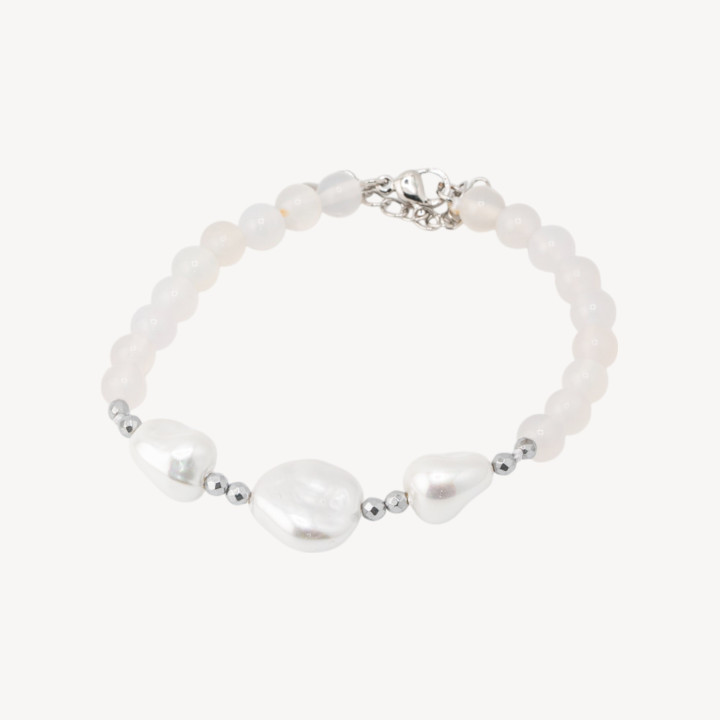 Bracciale con Pietre Dure e Tre Perle di Maiorca 18,5cm + 5cm con Ematite Argentata e Agata