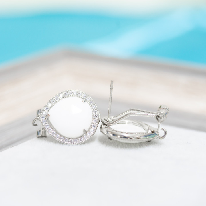 Base for Closed Stud Earrings in Brass with Zirconia Drop Crystals 5 Pairs Rhodium Plated White Agate