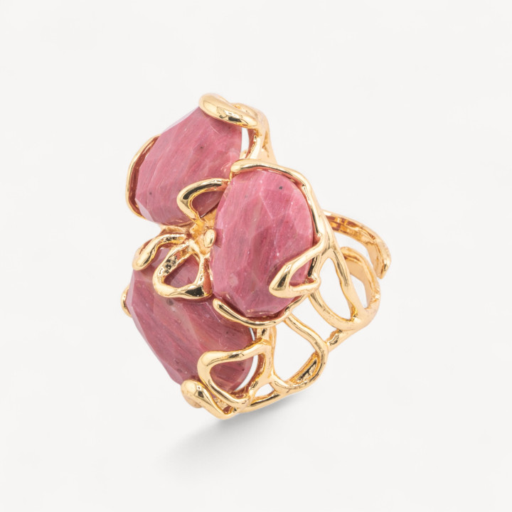 Anello Regolabile in Bronzo Dorato Collezione AURORA con Pietre Dure Rodonite Rosa | Gioiello Artigianale Donna 32x36mm