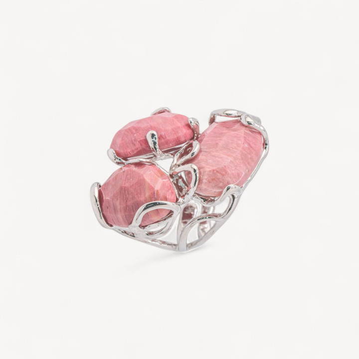 Anello Regolabile in Bronzo Rodiato Collezione AURORA con Pietre Dure   Rodonite Rosa | Gioiello Artigianale Donna 32x36mm