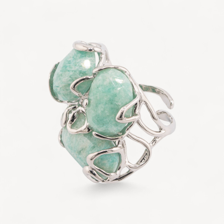 Anello Regolabile in Bronzo Rodiato Collezione AURORA con Pietre Dure Avventurina Verde | Gioiello Artigianale Donna 32x36mm