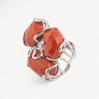 Anello Regolabile in Bronzo Rodiato Collezione AURORA con Pietre Dure Diaspro Rosso| Gioiello Artigianale Donna 32x36mm