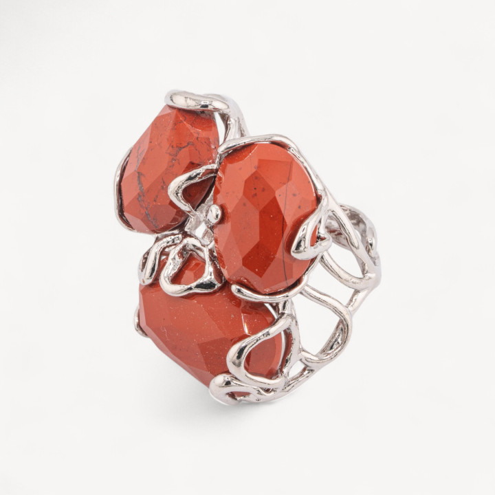 Anello Regolabile in Bronzo Rodiato Collezione AURORA con Pietre Dure Diaspro Rosso| Gioiello Artigianale Donna 32x36mm