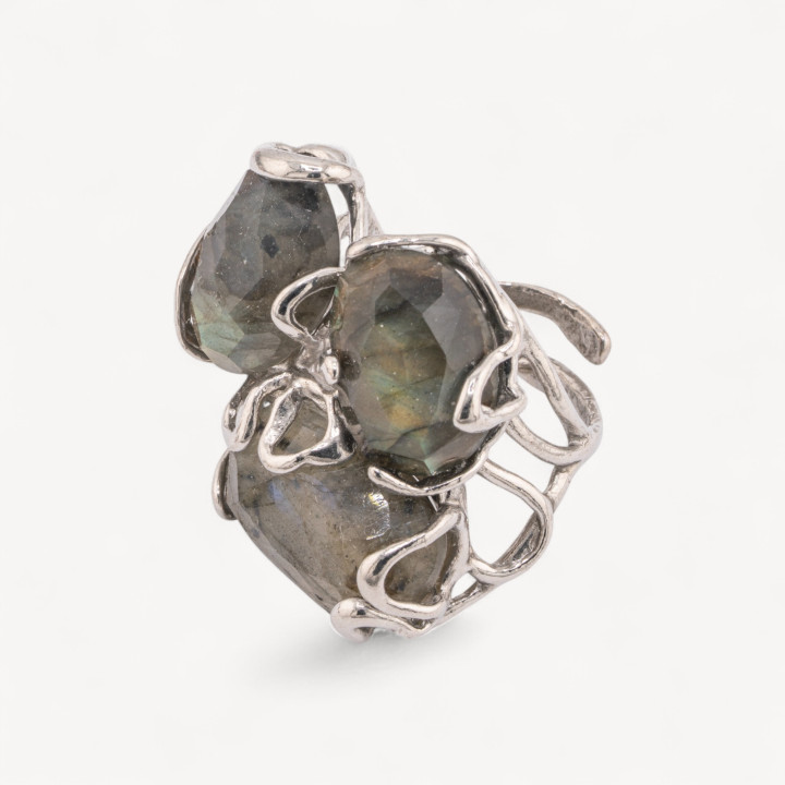 Anello Regolabile in Bronzo Rodiato Collezione AURORA con Pietre Dure Labradorite | Gioiello Artigianale Donna 32x36mm