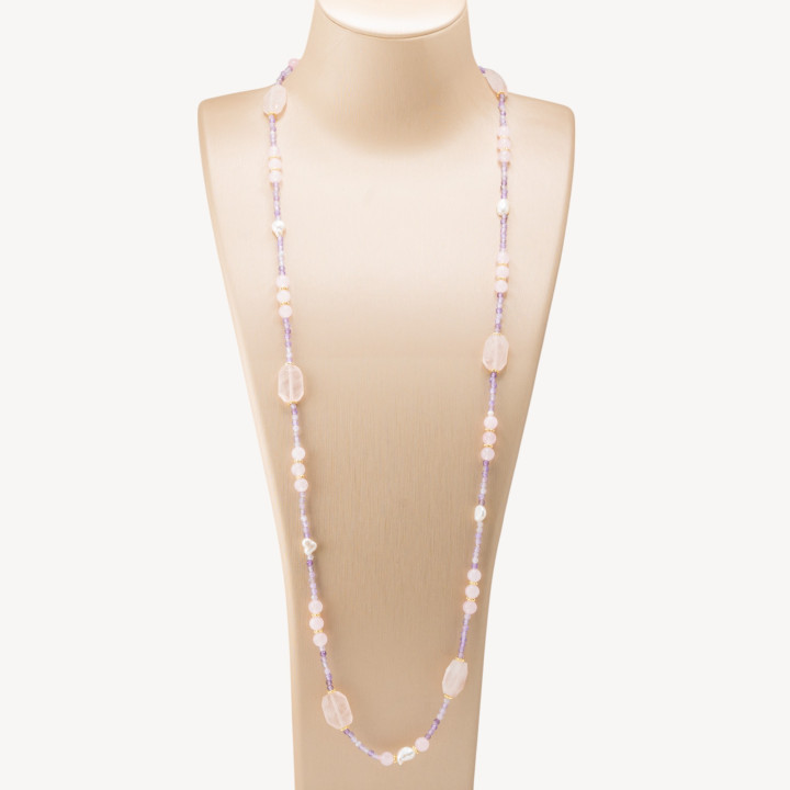 Collana Bijoux con Pietre Dure e Perle di Fiume 85cm MOD.2707 Quarzo Rosa e Ametista