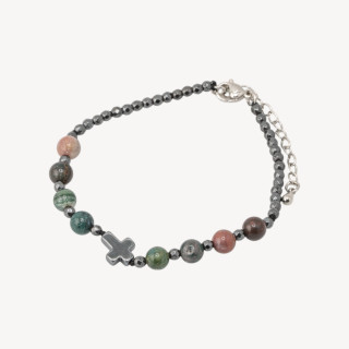 Bracciale Con Pietre Naturali da 6mm Con Croce Chiusura In Bronzo Agata Indiana