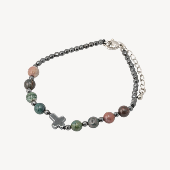 Bracciale Con Pietre Naturali da 6mm Con Croce Chiusura In Bronzo Agata Indiana