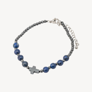 Bracciale Con Pietre Naturali da 6mm Con Croce Chiusura In Bronzo Lapislazzuli