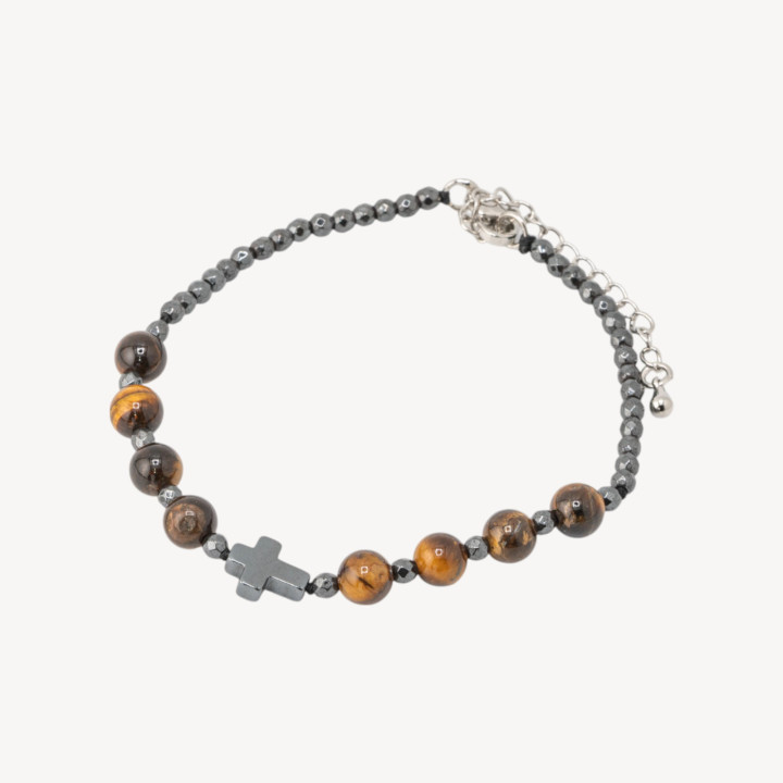 Bracciale Con Pietre Naturali da 6mm Con Croce Chiusura In Bronzo Occhio Di Tigre