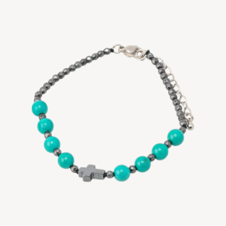 Bracciale Con Pietre Naturali da 6mm Con Croce Chiusura In Bronzo Turchese