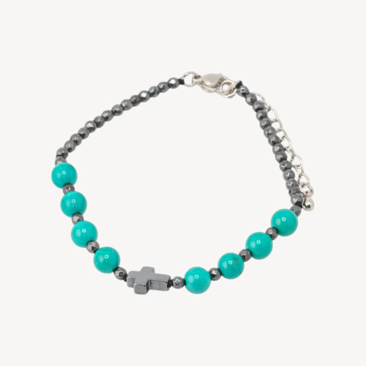 Bracciale Con Pietre Naturali da 6mm Con Croce Chiusura In Bronzo Turchese