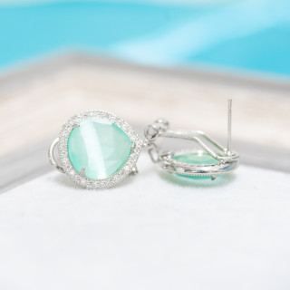 Brass Closed Stud Earring Base with Zirconia Drop Crystals 5 Pairs Rhodium-Plated Aqua Green