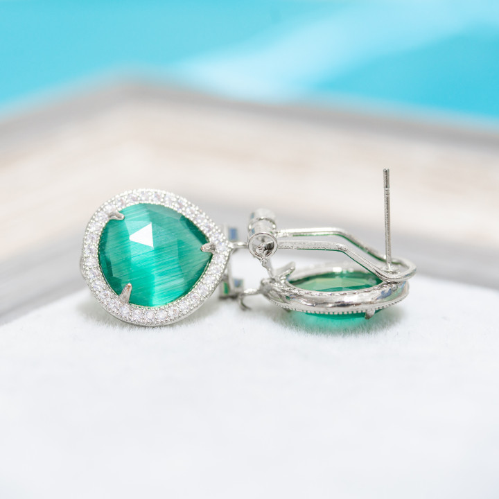 Brass Closed Stud Earring Base with Zirconia Drop Crystals 5 Pairs Emerald Green Rhodium Plated