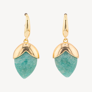 Orecchini A Monachella Di Bronzo Con Pietre Dure Sfaccettate Forma Goccia 18x45mm Dorato Amazzonite