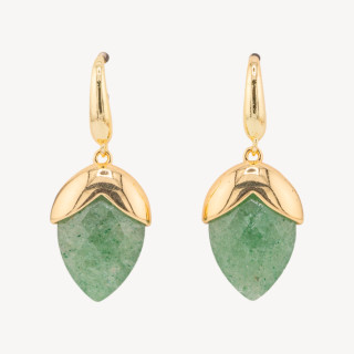 Orecchini A Monachella Di Bronzo Con Pietre Dure Sfaccettate Forma Goccia 18x45mm Dorato Avventurina Verde