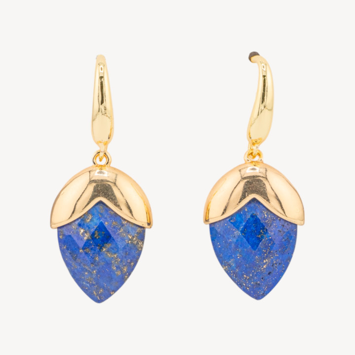 Orecchini A Monachella Di Bronzo Con Pietre Dure Sfaccettate Forma Goccia 18x45mm Dorato Lapislazzuli