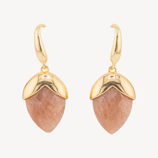 Orecchini A Monachella Di Bronzo Con Pietre Dure Sfaccettate Forma Goccia 18x45mm Dorato Pietra Di Luna Rosa