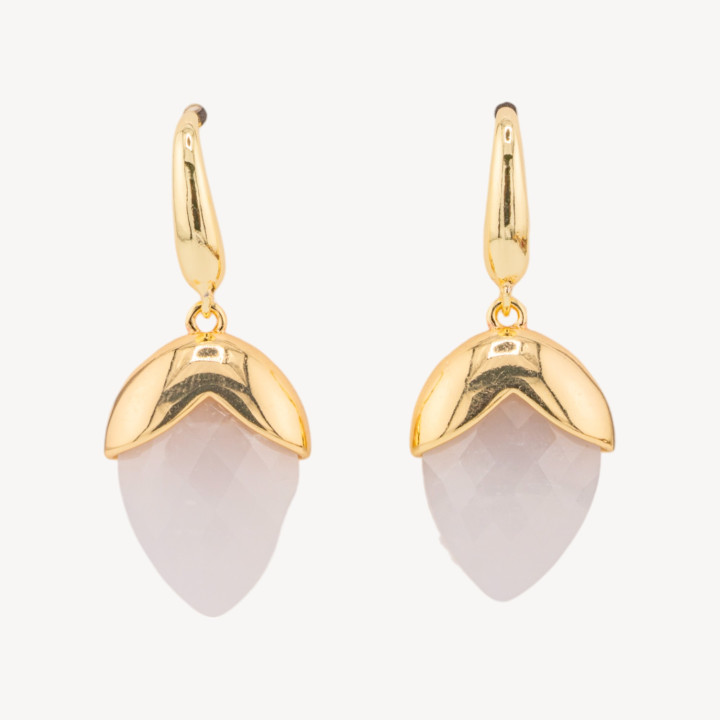 Orecchini A Monachella Di Bronzo Con Pietre Dure Sfaccettate Forma Goccia 18x45mm Dorato Quarzo