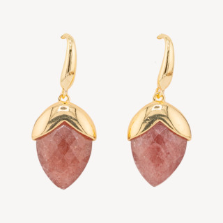 Orecchini A Monachella Di Bronzo Con Pietre Dure Sfaccettate Forma Goccia 18x45mm Dorato Quarzo Fragola