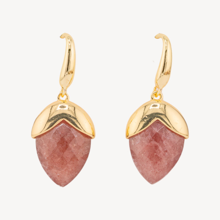 Orecchini A Monachella Di Bronzo Con Pietre Dure Sfaccettate Forma Goccia 18x45mm Dorato