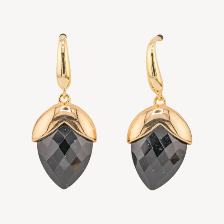 Orecchini A Monachella Di Bronzo Con Pietre Dure Sfaccettate Forma Goccia 18x45mm Dorato