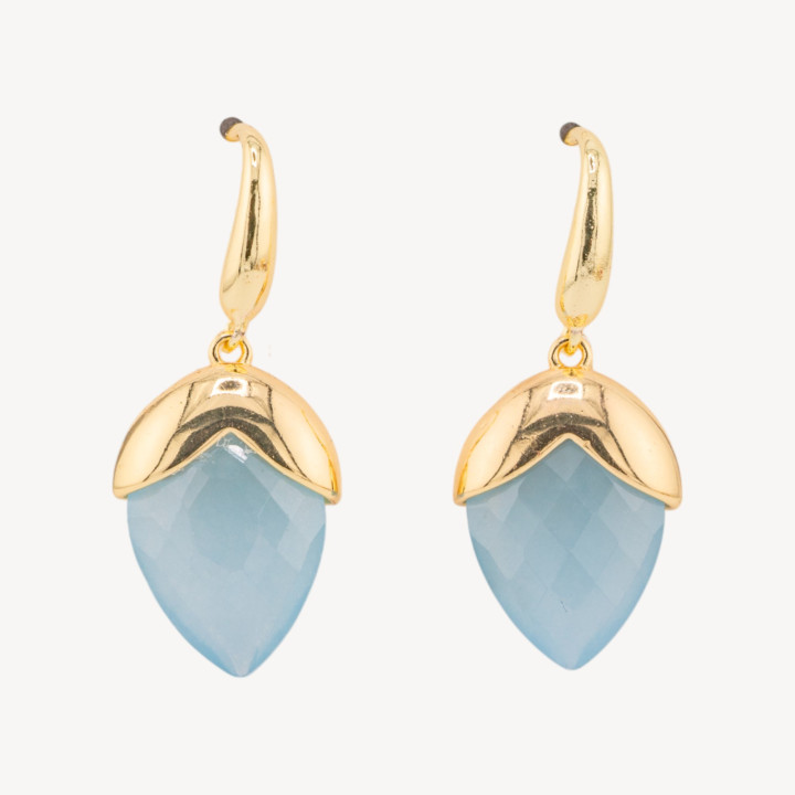 Orecchini A Monachella Di Bronzo Con Pietre Dure Sfaccettate Forma Goccia 18x45mm Dorato