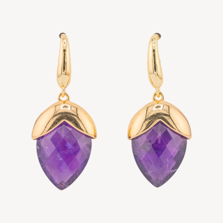 Orecchini A Monachella Di Bronzo Con Pietre Dure Sfaccettate Forma Goccia 18x45mm Dorato