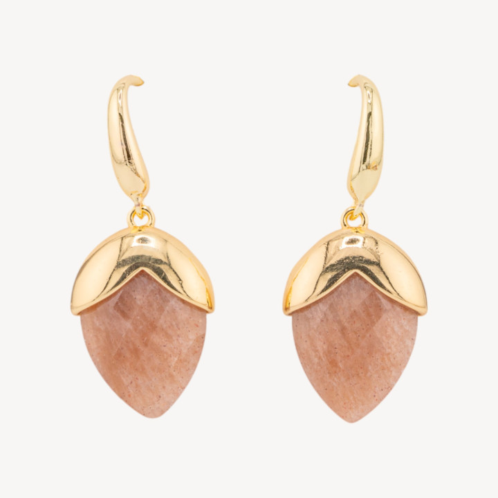 Orecchini A Monachella Di Bronzo Con Pietre Dure Sfaccettate Forma Goccia 18x45mm Dorato