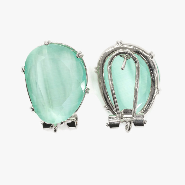 Aretes Cerrados De Latón Base Con Ojos De Gato De Mango Facetado 15x20mm 5 Pares Rodio Verde Agua