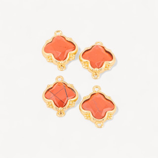 Connettore Componente Di Pietre Dure Incastonate Con Bronzo Quadrifoglio 2 Anellini 15x20mm 6pz Dorato Diaspro Rosso