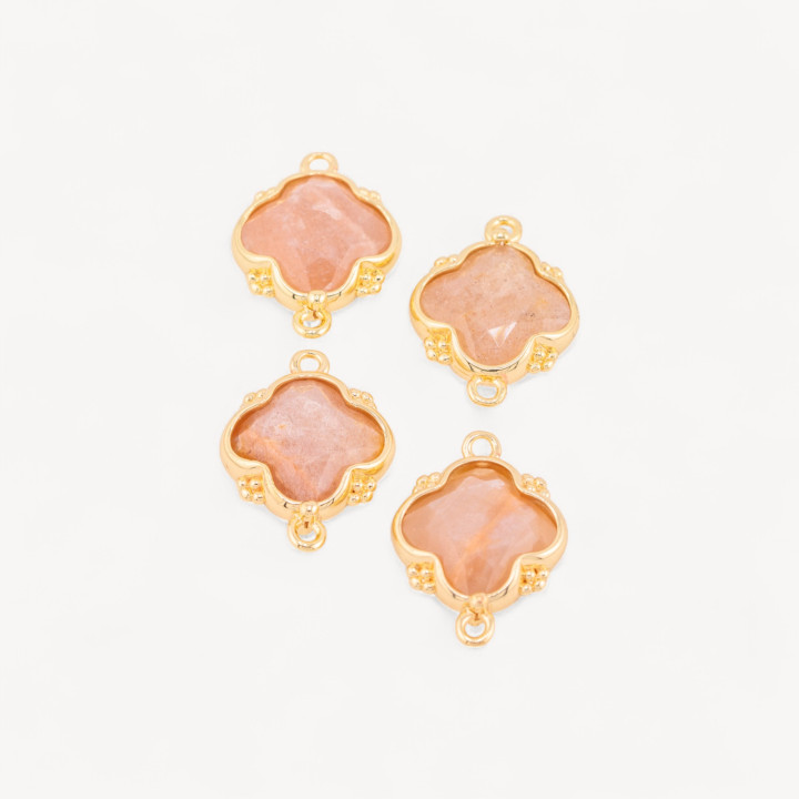 Connettore Componente Di Pietre Dure Incastonate Con Bronzo Quadrifoglio 2 Anellini 15x20mm 6pz Dorato Pietra Di Luna Rosa