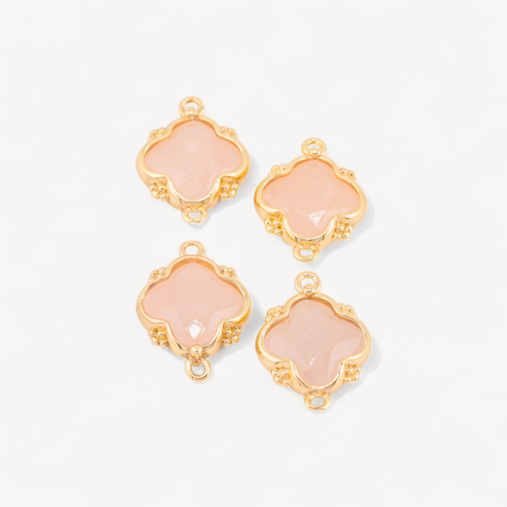 Connettore Componente Di Pietre Dure Incastonate Con Bronzo Quadrifoglio 2 Anellini 15x20mm 6pz Dorato Quarzo Rosa