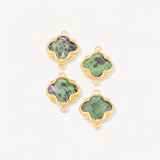 Connettore Componente Di Pietre Dure Incastonate Con Bronzo Quadrifoglio 2 Anellini 15x20mm 6pz Dorato Rubizoisite
