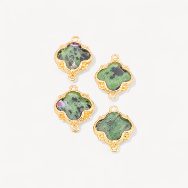 Connettore Componente Di Pietre Dure Incastonate Con Bronzo Quadrifoglio 2 Anellini 15x20mm 6pz Dorato Rubizoisite