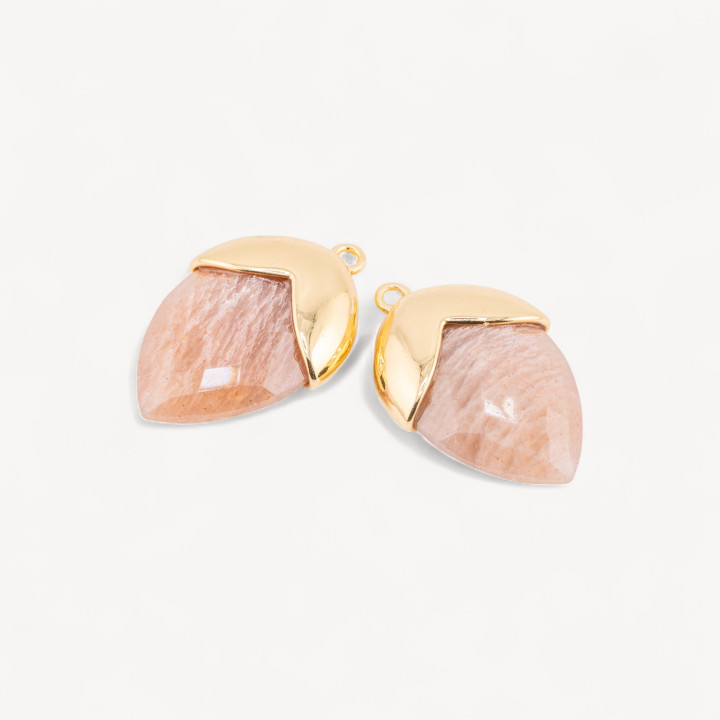 Pendente Componente Di Pietre Dure Incastonate Con Bronzo Ghianda 1 Anellino 18x28mm 4pz Dorato Pietra Del Sole Rosa