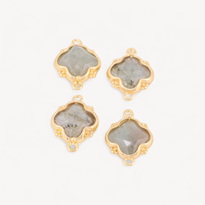 Connettore Componente Di Pietre Dure Incastonate Con Bronzo Quadrifoglio 2 Anellini 15x20mm 6pz Dorato