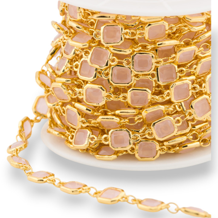 Catena Rosario Di Ottone Con Occhio Di Gatto Cabochon Quadrato 7mm 5 Metri Dorato Rosa